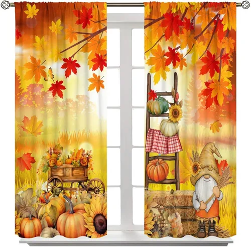 Vista 8 de Cortinas de calabaza enana de otoño, decoración del hogar de Acción de Gracias en otoño, patrón de hojas de arce y girasol, 42 pulgadas de ancho x