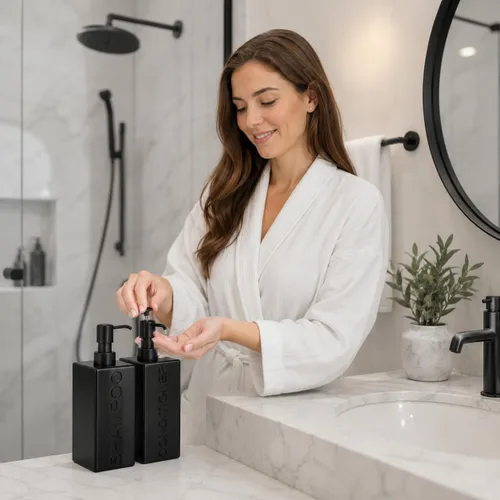 Vista 4 de Dispensador rectangular de resina para baño, champú y acondicionador de baño, botella de lavado corporal, diseño moderno de bomba recargable Negro
