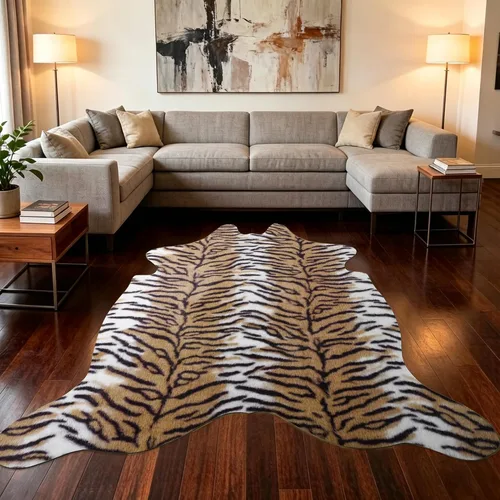Vista 23 de Easycozy Alfombra de piel de vaca sintética con gran estampado de vaca, 3 x 4 pies, alfombra gruesa y elástica para dormitorio, sala de estar