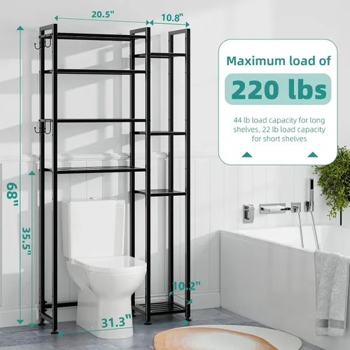 Vista 3 de Simple Trending Almacenamiento de 8 niveles sobre el inodoro con estante lateral, organizador de baño, estantes de metal para toallas, color negro