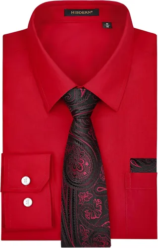 Vista 43 de HISDERN Mens Dress Shirt with Tie Pocket Square Set Classic Button Down Shirt Matching Tie Long Sleeve Shirts 08-verde