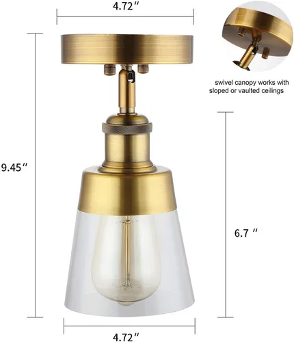 Vista 4 de Fivess Lighting Lámpara de techo semiempotrada de cristal transparente de color dorado antiguo para pasillo, baño, entrada, cocina, granja