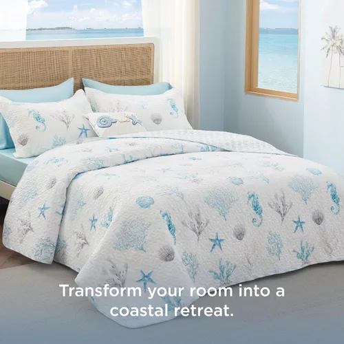 Vista 2 de Bedsure Colcha costera tamaño Queen – Ropa de cama reversible de verano y playa, colcha ligera de microfibra, colcha azul y blanca para todas
