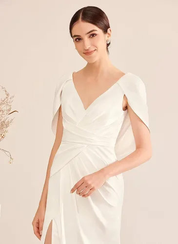 Vista 5 de Vestido largo de satén formal con cuello en V para mujer, vestido de fiesta de noche con capa