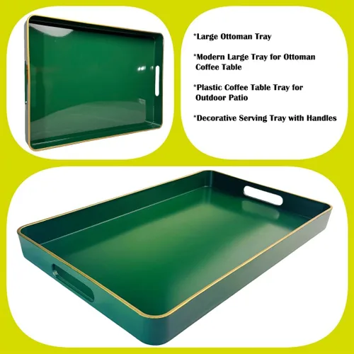 Vista 4 de Bandeja grande verde, elegante bandeja de plástico para mesa de café estilo otomano, decoración del hogar, para sala de estar. 16.7" * 12" * 1.6
