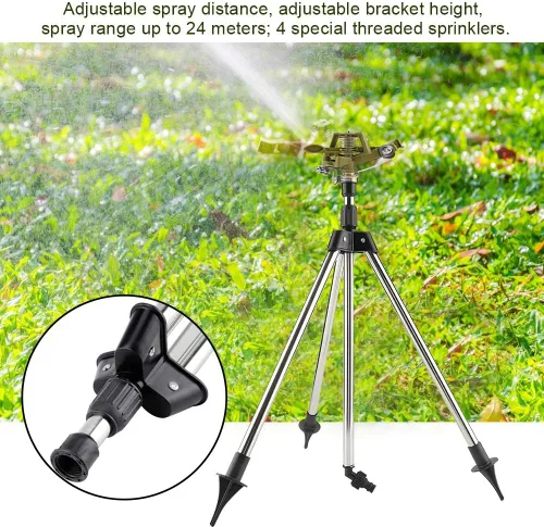 Vista 4 de Aspersor automático de impacto en base de trípode, rociador de césped giratorio de 360 grados, sistema de riego de jardín ajustable de acero