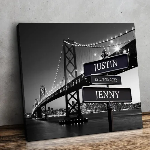 Vista 30 de CP CANVASPATH Letrero de calle con el nombre de la pareja y la fecha, impresiones personalizadas en lienzo del puente de Manhattan por la noche