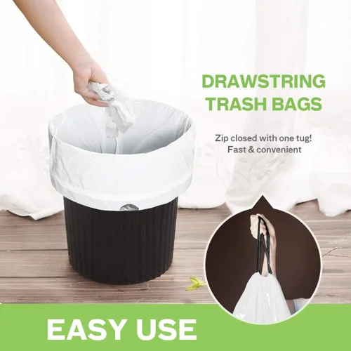 Vista 4 de Bolsas de basura de 7 galones, 100 unidades, bolsas de basura con cordón resistentes de Teivio, bolsas para papeleras de baño, bolsas de plástico