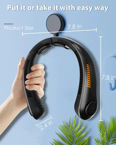 Vista 6 de Ventilador de cuello portátil, recargable, ventilador personal para soplar aire frío, 5 velocidades, batería USB, enfriador de cuello con cuello
