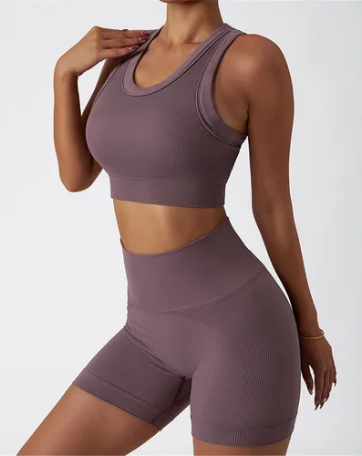 Vista 71 de Conjuntos de entrenamiento para mujer, 2 piezas, sin costuras, acanalada, sin mangas, brasier deportivo, cintura alta, pantalones cortos