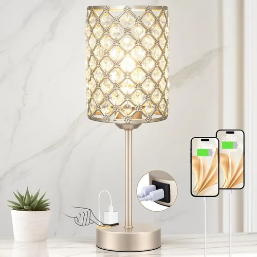 Vista 13 de Lámpara de mesa de cristal con control táctil, lámpara de mesita de noche regulable con puertos de carga USB-C+A y CA, lámpara USB dorada de 3 vías