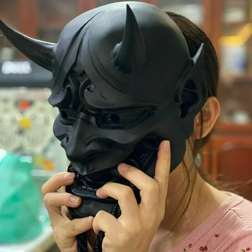 Vista 4 de AUSUKY Máscara de Prajna sellada japonesa para Halloween, diablo Hannya, CaraeshellKabuki Demon Samurai (negro)