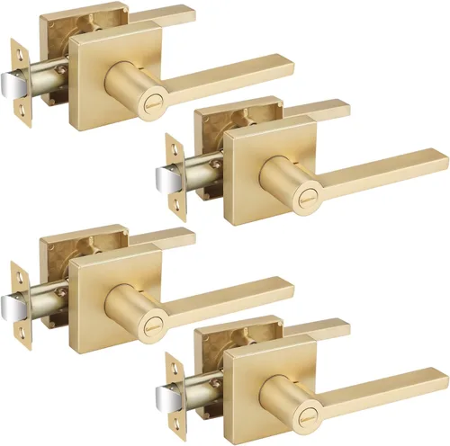Vista 29 de EHOMEWARE Juego de manijas dobles para puerta delantera, paquete de 1 manija de puerta cuadrada de latón satinado, combinación de perilla de puerta