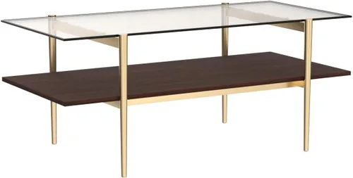 Vista 4 de Saint Mossi Tadio Mesa de Centro de Vidrio de Doble Capa para Sala de Estar, Vidrio Marrón y Estante Inferior de MDF Marrón Café