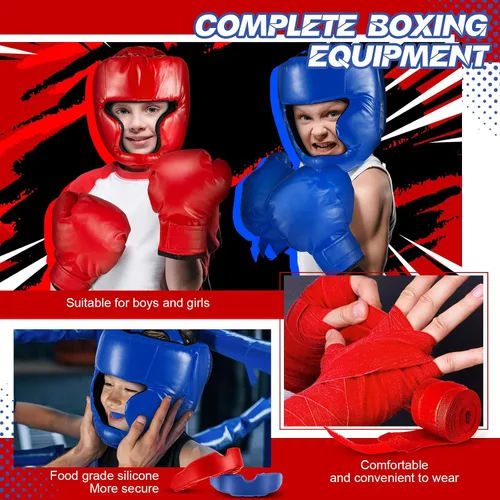 Vista 4 de Kanayu Juego de 12 piezas de equipo de boxeo para niños principiantes de 6 a 18 años, incluye casco de boxeo y guantes, vendas, protectores bucales