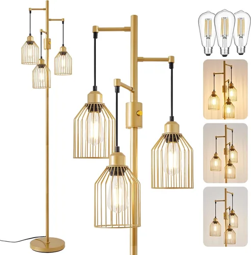 Vista 10 de Lámpara de pie regulable para sala de estar, lámpara de pie de granja con elegante jaula colgante, 3 bombillas LED Edison incluidas, lámpara de pie