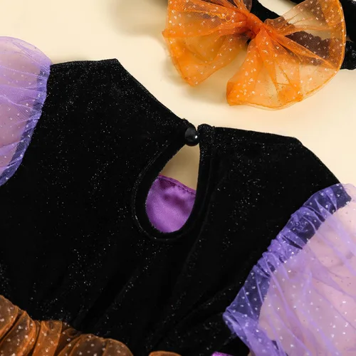 Vista 6 de Disfraz de bruja de Halloween para niña pequeña, vestido de tul con manga abombada, vestido de tul con falda tutú de encaje, traje de fiesta
