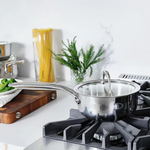 Vista 2 de KEAWELL K3 Premium - Cacerola de acero inoxidable de tres capas de 1.5 cuartos con tapa, seguro para inducción y horno hasta 600°F, calentamiento