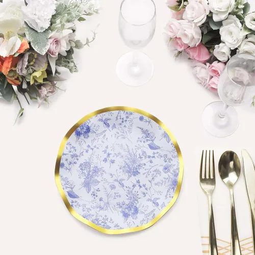 Vista 4 de Efavormart - Paquete de 25 platos de postre de papel chino chino azul y blanco con borde ondulado dorado de 11.32 oz/m² para recepciones y fiestas