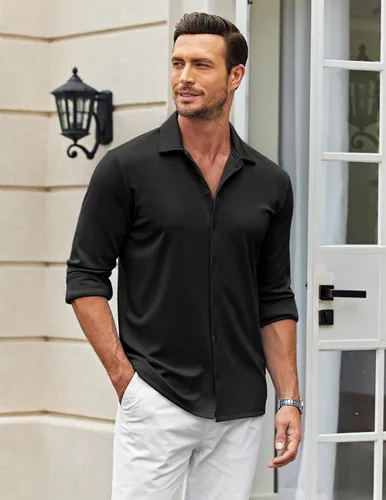 Vista 3 de COOFANDY Camisa casual con botones para hombre, sin arrugas, camisa de vestir de manga larga