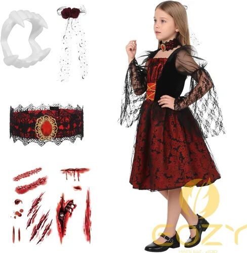 Vista 7 de Disfraz de vampiro de Halloween para niñas, disfraz con clip para el cabello