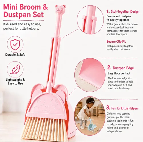 Vista 4 de Mini escoba con recogedor para niños, juego de pequeño ayudante de limpieza (rosa)