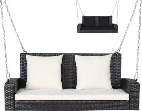 Vista 12 de RELAX4LIFE - Columpio de mimbre de 2 asientos, con dos cadenas de acero sólido de 7.9 pies, cómodos cojines de respaldo y asiento, para pórtico