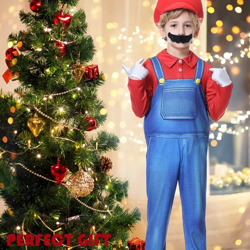 Vista 5 de Lydoesy Upgraded Super Brothers Costume for Kids Halloween Cosplay Jumpsuits with Hat Mustache Eyebrows Gloves