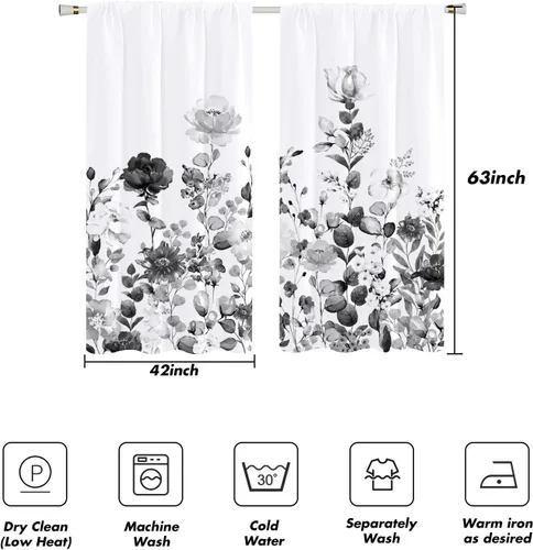 Vista 4 de Cortinas florales negras y grises de 42 pulgadas de ancho x 63 pulgadas de largo, flores silvestres en acuarela gris y blanco, flores silvestres