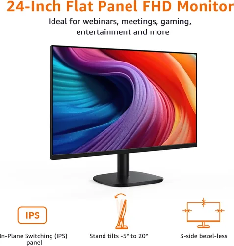 Vista 2 de Amazon Basics Monitor de 24 Pulgadas (23.8 Pulgadas visibles), FHD 1080P, Máx 100Hz, Compatible con VESA, Altavoces Integrados, Negro