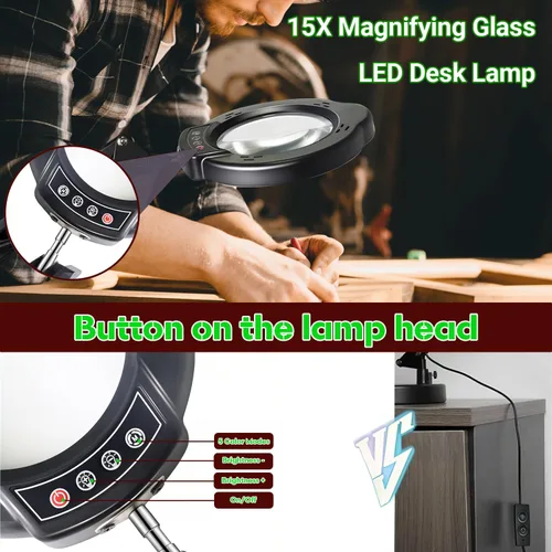 Vista 2 de Lupa 15X con luz y soporte, 5 modos de color, 10 niveles de brillo ajustable, lámpara de escritorio 2 en 1 con abrazadera, lupa de luz LED manos