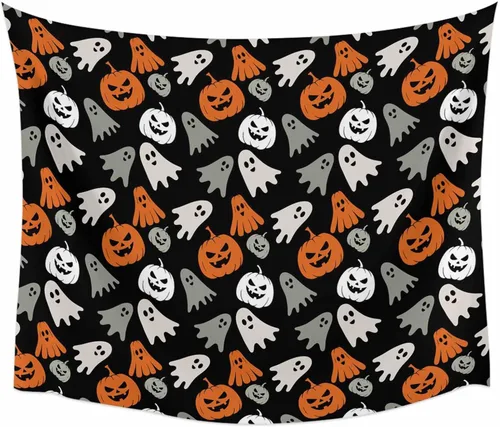 Vista 3 de Tapiz de Halloween para colgar en la pared, fantasma, monstruo de calabazas, tapiz estético lindo de dibujos animados naranja para dormitorio, sala
