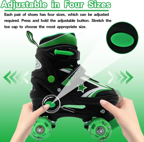 Vista 3 de Patines de ruedas para niños y niñas, 4 tamaños ajustables para niños con ruedas iluminadas, patines para niños y niñas de 5 a 8 a 12 años, verde