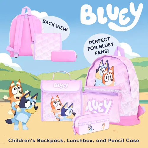 Vista 2 de Mochila Bluey para niñas, color rosa, juego de 3 piezas con lonchera y estuche para lápices