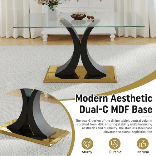 Vista 8 de Moderno juego de mesa de comedor rectangular de vidrio para 4, 63 pulgadas, mesa transparente de cocina de lujo con base negra y dorada, 4 sillas