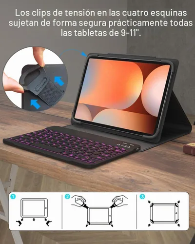 Vista 3 de Funda universal para tablet con teclado de 9, 9.7, 10.1, 10.2, 10.4, 10.5, 10.9, 11 pulgadas, con teclado Bluetooth retroiluminado de 7