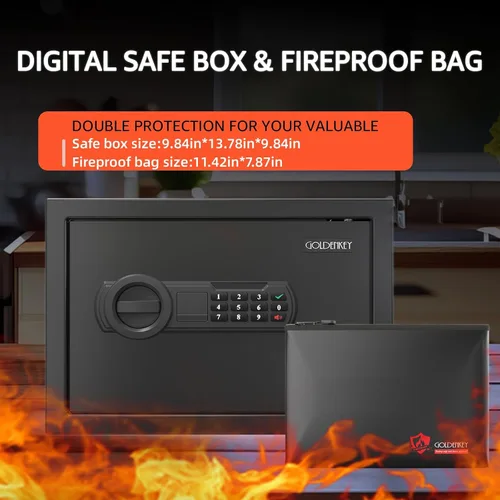 Vista 5 de GOLDENKEY - Caja fuerte ignífuga moderna de 1.2 pies cúbicos – Caja de seguridad digital con bolsa ignífuga, teclado y llave, protege documentos