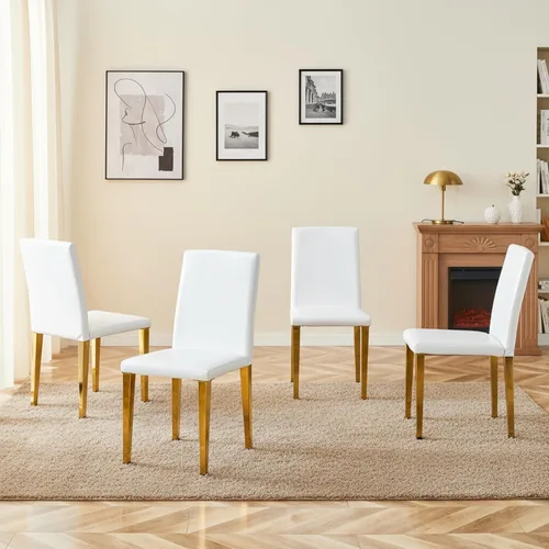 Vista 7 de Juego de 4 sillas de comedor modernas, piel sintética blanca con patas de metal dorado, 35.4 x 16 x 18.5 pulgadas, asientos acolchados de esponja