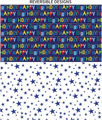 Vista 3 de AUCLAY Papel de regalo reversible de cumpleaños para niños, niñas, adultos, baby shower, vacaciones, diseño colorido de letras y estrellas de feliz