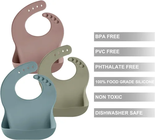 Vista 2 de PandaEar Set of 3 Silicone Baby Bibs, Waterproof Soft Adjustable Bibs for Babies Toddlers 10-72 Months