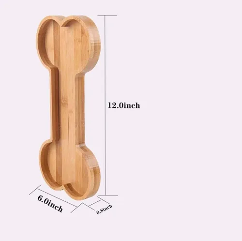 Vista 3 de Luna and Stone - Cuenco de bambú para perro con agarres, bandeja de suministros para fiestas en forma de hueso con temática de animales, plato