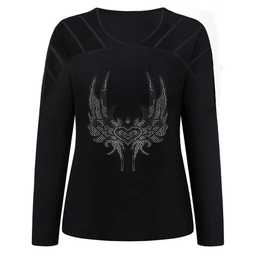 Vista 5 de Camisetas de manga larga con tirantes y hombros descubiertos para mujer, sexy, con diseño de alas de ángel, con diamantes de imitación, estilo casual