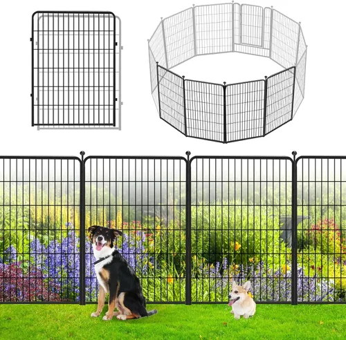 Vista 14 de Valla decorativa de metal negro para jardín con puerta, 4.5 pies de largo x 32 pulgadas de alto, 2 paneles de valla sin excavación, valla de barrera