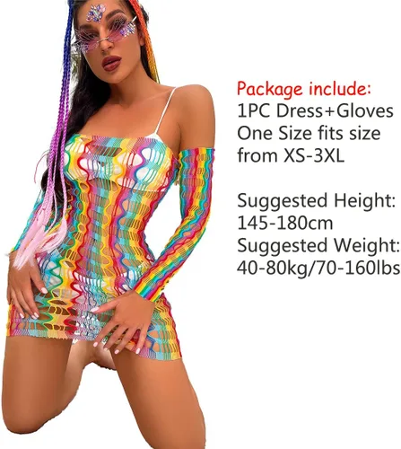 Vista 7 de Sexy vestido de red de arco iris para mujer, traje de baño elástico para mujer, body de malla transparente, ropa de dormir