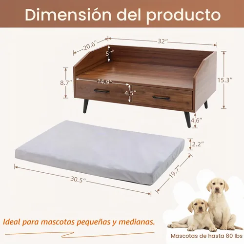 Vista 4 de [Usado] Cama elevada para perros pequeños a medianos: sofá de madera para interiores de 32 x 21 pulgadas con cojín suave, estilo moderno de mediados