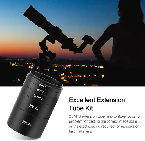Vista 7 de Astromania Tubo de extensión, kit de 2 tubos de extensión para telescopios con M48x0.75 en ambos lados, longitud 0.197 in, 0.315 in, 0.394 in, 0.787
