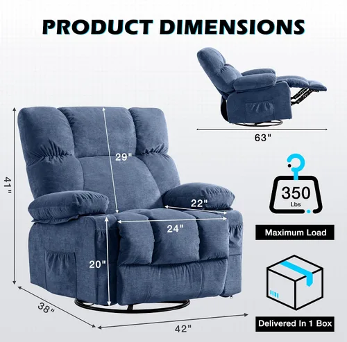 Vista 2 de MAHOMICO Silla reclinable giratoria de gran tamaño con masaje por vibración y calefacción lumbar, giro de 360°, puerto de carga USB, portavasos