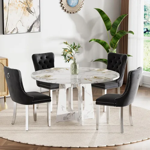 Vista 24 de Mesa de comedor redonda estilo granja para 6, mesa de cocina circular de 47" MDF con acabado de grano de madera, mesa de cocina y comedor de madera