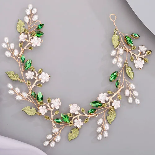 Vista 3 de Diadema de flores lindas para novia, dama de honor, hoja verde, pedazo de pelo de cristal, cuentas de vid