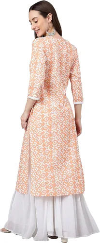 Vista 7 de Janasya Kurta recta impresa algodón melocotón de las mujeres indias para las mujeres